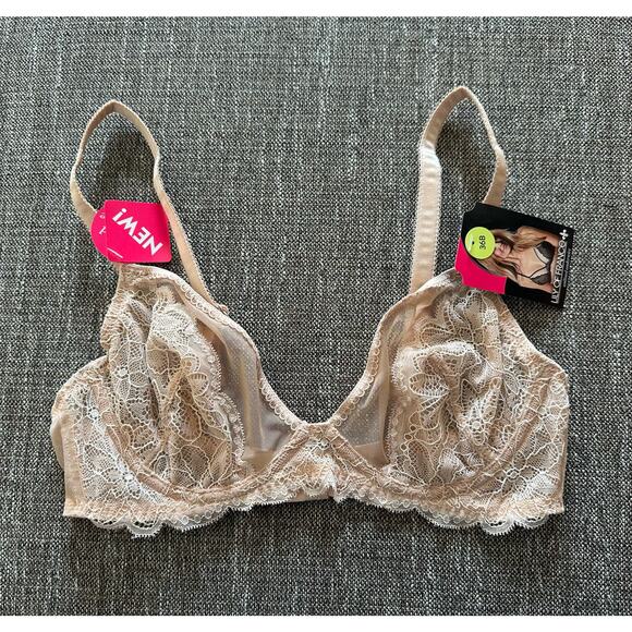 NEW Semi Sheer Lace Bra 36B lily of France tan nude sexy underwire adjustable - Picture 2 of 3